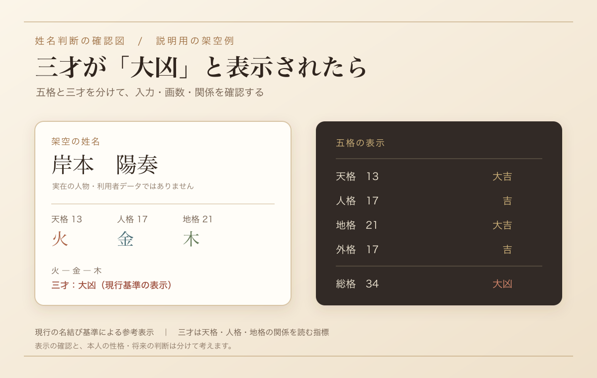説明用の架空姓名「岸本 陽奏」の五格と三才の図。天格13・人格17・地格21から火・金・木となり、名結び現行基準で三才が大凶と表示される例