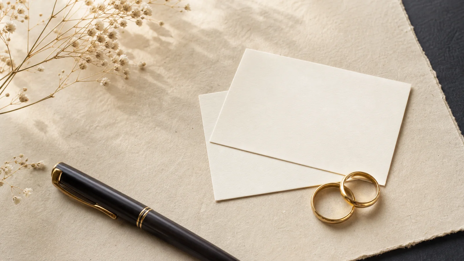 二枚の白いカードと結婚指輪を和紙の上に置いた静物