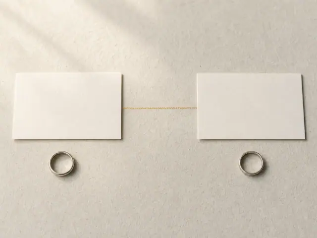 旧姓と新姓を表す二枚のカードを並べて比較する机